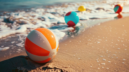 Three colorful beach balls are scattered on the sandy shore, inviting people to enjoy leisure and fun by the water. A perfect scene for a beach event or recreational activity AIG50の素材