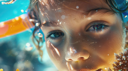 A young girl with diving equipment and a mask is exploring the underwater environment, swimming in the ocean to observe marine organisms and practice underwater diving AIG50の素材