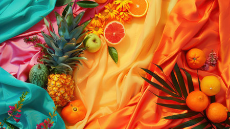 A variety of fabrics and flowers, including electric blue petals and roses, are arranged on a table alongside fictional characters and fractal art AIG50の素材