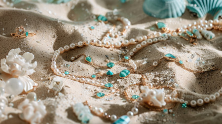 In this artistic landscape, a necklace lies on a circle of sand, adorned with seashells and pearls. The wind creates aeolian landforms, adding a fun touch to the scene AIG50の素材