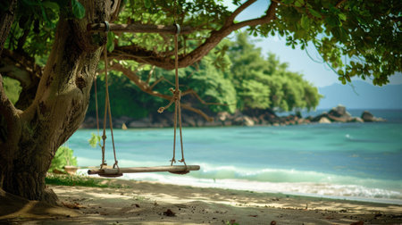 A wooden swing hangs from a tree on a beach, overlooking the water with boats sailing in the distance under a sky dotted with fluffy clouds AIG50の素材