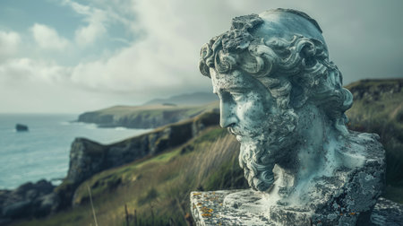 A sculpture of a woman on a rock, gazing out over the vast ocean in a serene natural landscape, with the sky and water blending seamlessly AIG50の素材