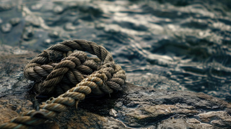 A rope is tethered to a rock by the fluid landscape of water, swaying with each wind wave. The electric blue waves create a mesmerizing art event AIG50の素材