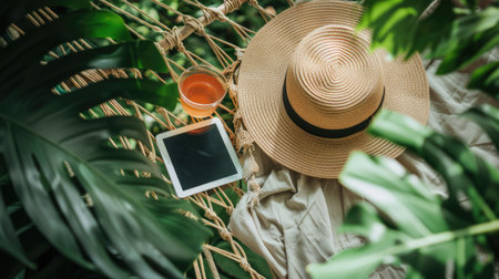 A hammock made from terrestrial plant fibers, under a tree on the beach, with a straw hat, a book, a cell phone, and a glass of orange juice AIG50の素材