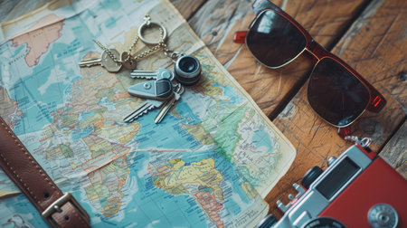 A camera, sunglasses, keys, and a map lay on a hardwood table, showcasing a beautiful wood grain pattern. The rectangle table is made of sturdy planks with a rich wooden font AIG50の素材