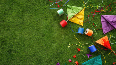 A collection of triangular kites resting on the vibrant grass in a picturesque landscape. A leisure event filled with fun and art in the lush grassland AIG50の素材