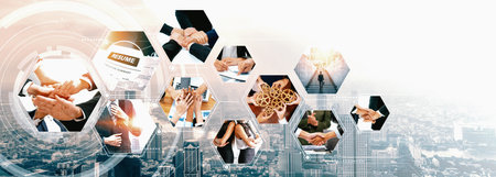 Teamwork and human resources HR management technology concept in corporate business with people group networking to support partnership, trust, teamwork and unity of coworkers in office vexelの写真素材