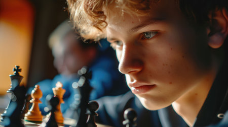 The picture of the chess player focus on the chess board game and thinking the next move on the board, the chess game require strategic planning skill, calculation ability and time management. AIG43.の素材