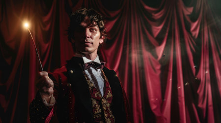 The picture of the smart magician doing the trick with the magic wand in the hand, the wizard is doing entertaining in the circus, the performer is performing the magic show for entertainment. AIG43.の素材