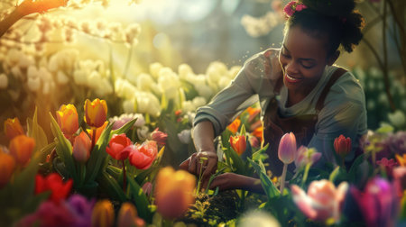 The picture of the woman that has been planting the various type of the flower, the planting require skill like plant knowledge, experience, seasonal timing, care and monitoring and management. AIG43.の素材