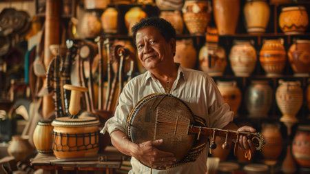The picture of the ethnomusicologist holding the traditional guitar inside workshop that has been filled with musical instrument, ethnomusicologist require knowledge of world music and culture. AIG43.の素材