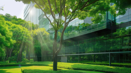 The picture of glass or mirror structure that reflect everything on the opposite like tree, the building has been surrounded with a lot of the green trees, the mirror reflect light from sun. AIG43.の写真素材