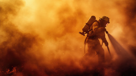 Skilled brave firefighter wearing safety gear and holding water hose to extinguish fire or prepare to put out fire. Portrait of energetic fireman wearing protective cloth and survive in fire. AIG42.の素材