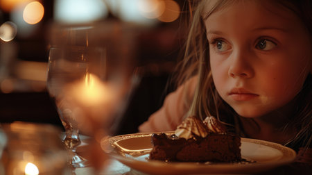 A young girl is enjoying a slice of chocolate cake using a fork. She is savoring the delicious dessert at an event, her bangs brushing against her eyelashes AIG50の素材