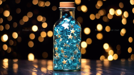 A jar filled with blue stars on a wooden table with a blurry background of yellow lights. AIG51A.の素材