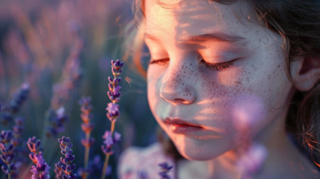 A young girl with electric blue eyelashes is gently smelling violet flowers in a field, surrounded by the sweet music of nature. Each petal tickles her jaw as she takes in the serene event AIG50の素材