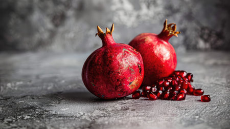 A photo of two red pomegranates on a gray stone surface. One pomegranate is split open, revealing the juicy red arils inside. AIG51A.の素材