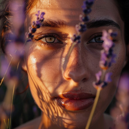 A closeup portrait photography of a womans face with purple flowers framing her jaw, highlighting her happy gesture. This visual arts illustration captures her eyelash in an artistic way AIG50の素材