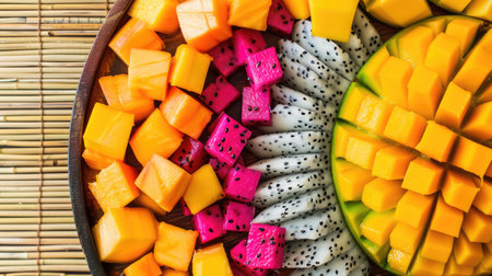 A bamboo mat serves as the tableware for a black plate adorned with mangoes and dragon fruit, creating a colorful and vibrant display of tropical ingredients AIG50の素材