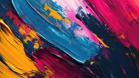 Abstract picture of painting was painted with bold watercolor paint strokes with expressionist style. Artwork of vibrant picture with colorful painted with blue, red, pink contrast colors. AIG42.の素材