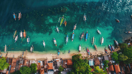 A stunning aerial view of a tropical island with boats floating in the crystalclear water, surrounded by lush greenery and palm trees AIG50の素材