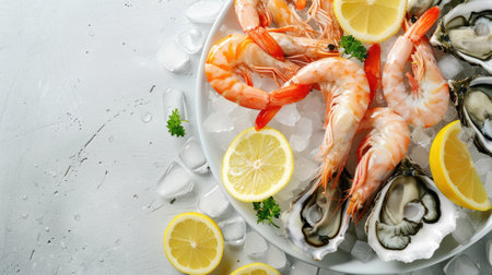 A bowl of oysters, shrimp, lemons, and ice sits on a table, ready to be enjoyed. This arrangement of fresh seafood and citrus is perfect for a refreshing seafood dish AIG50の素材