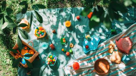 A group of children is enjoying a picnic surrounded by grass, trees, and shrubs in a natural landscape. They are leisurely soaking up the sun and appreciating the beauty of the environment AIG50の素材