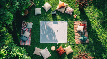 A picnic blanket is spread out on a vibrant green lawn surrounded by tall trees, shrubs, and colorful flowers, creating a picturesque tableau for a relaxing outdoor event AIG50の素材