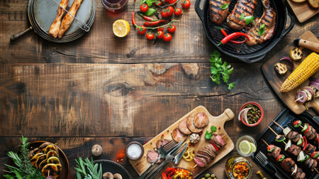 A table set with natural foods, a bottle of wine, and plates of cuisine on a grassy roof overlooking a beautiful natural landscape for an outdoor event AIG50の素材