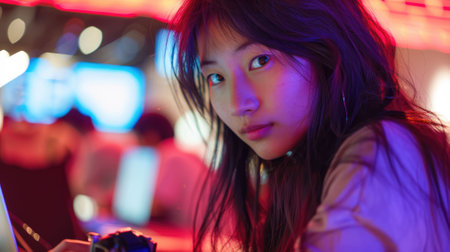 The picture of the east asian girl is working as the coding programmer inside the office and blur background, the programmer require skill like coding, logical thinking, patience and debugging. AIG43.の素材