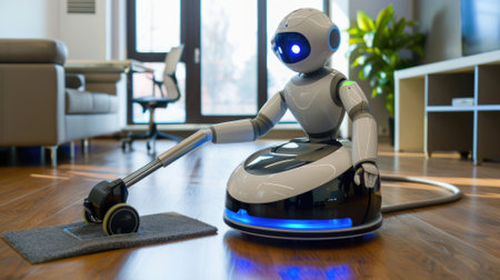 The picture of the robot that working as vacuum cleaner inside the indoor building to clear and clean the floor, the cleaning is the type of the household chore require knowledge and detailed. AIG43.の写真素材