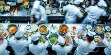 Professional chefs in white uniforms are intensely preparing and plating dishes in the fast-paced environment of a commercial restaurant kitchen. Resplendent.の素材