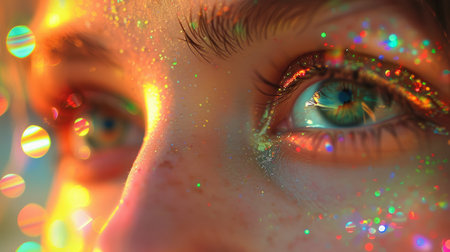 A mesmerizing portrait of a young woman with colorful bokeh lights reflecting on her face, creating a dreamy atmosphere.A womans eye reflecting a kaleidoscope of bokeh lights. AIG50の素材