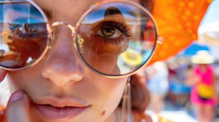 A closeup shot of a person wearing glasses with a reflection of another person in the lenses, showcasing the importance of vision care and eye glass accessories AIG50の素材