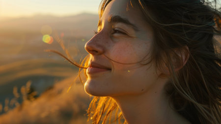 A happy woman, standing on top of a mountain at sunset with her eyes closed, feeling the heat and enjoying the stunning natural landscape and sky AIG50の素材
