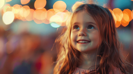 The toddler with electric blue eyes and surfer hair is smiling happily, gazing up at the sky with a sense of wonder and innocence, surrounded by lush green grass AIG50の素材