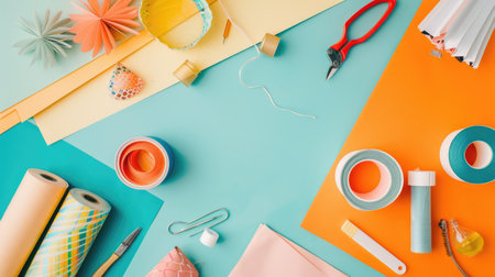 The table is adorned with a mix of plants, yarn, and various decorative items, creating a charming display of plant, flower, and tableware AIG50の素材