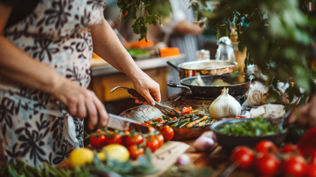 A chef is cooking a dish of spaghetti with tomatoes using natural ingredients in a kitchen. The plate will be served on tableware for sharing the delicious cuisine AIG50の素材