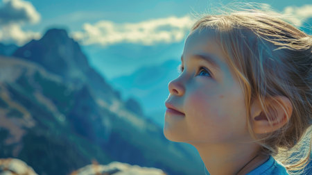 A young girl in contemplation, looking at a majestic mountain landscape under a clear blue sky. AIG50の素材