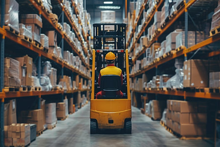 Smart warehouse worker or operator driving forklift and lifted product surrounded with box at storage. Professional engineer working in ware house while using machine carry or transport box. AIG42.の素材