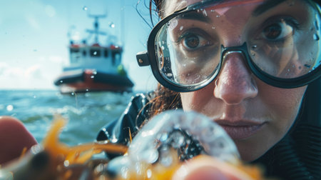 A woman with a smile on her face is holding a crayfish in front of a boat on the water. Her gesture suggests a joyful travel experience on the lake, admiring the naval architecture of the watercraftの素材