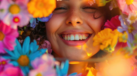 A woman adorned with a hat stands amidst a vibrant array of flowers, smiling in pure happiness. The scene is a beautiful display of nature and creativity AIG50の素材