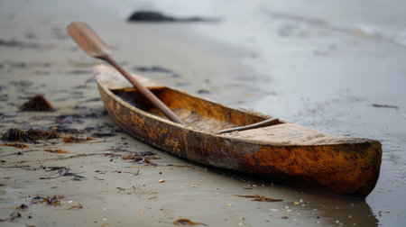 A wooden paddle rests on the sandy beach by the waters edge, surrounded by natural materials like rocks. Perhaps left behind by a kayaker exploring the lake AIG50の素材