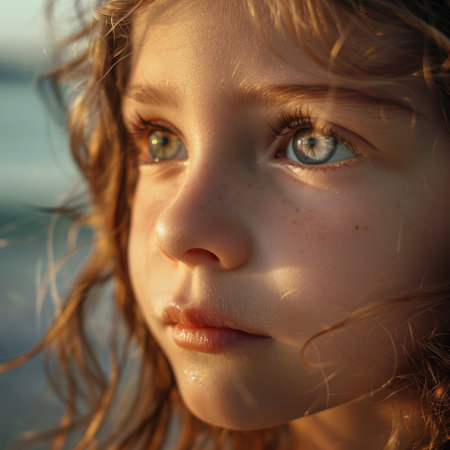 A closeup shot of a young girls face on the beach capturing her forehead, nose, cheek, lips, eyebrows, eyes, eyelashes, mouth, and jaw. The image was taken with flash photography AIG50の素材