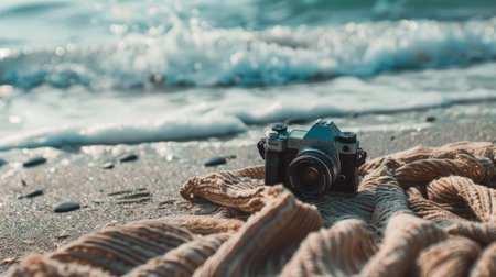 A camera is placed on a blanket at the beach, with the camera lens pointing towards the sea. It appears to be a digital camera, possibly a pointandshoot or mirrorless interchangeablelens camera AIG50の素材