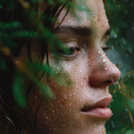 A closeup shot capturing the womans face with water drops on her nose, lips, chin, eyebrow, eyelash, and jaw. Her black hair contrasts beautifully with the green grass background AIG50の素材