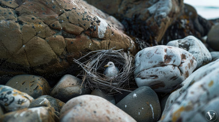 A seabird with a sharp beak, part of the Charadriiformes order, is perched on a rock nest made of natural materials on the bedrock soil landscape AIG50の素材