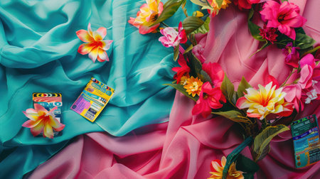 A vibrant display of colorful textiles and flowers in shades of orange, pink, and magenta on a sunny yellow background. This artful arrangement exudes a happy and joyful vibe, perfect for any eventの素材