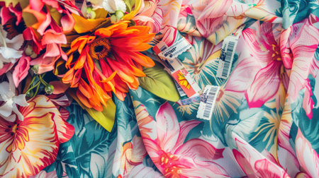 A vibrant display of colorful textiles and flowers in shades of orange, pink, and magenta on a sunny yellow background. This artful arrangement exudes a happy and joyful vibe, perfect for any eventの素材