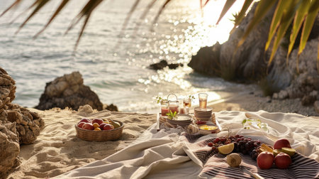 A beach picnic set up with a colorful fruit basket and cozy blanket overlooking the serene body of water, surrounded by nature and stunning landscape AIG50の素材